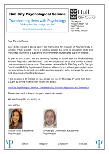 Parent carer letter – PINS Project